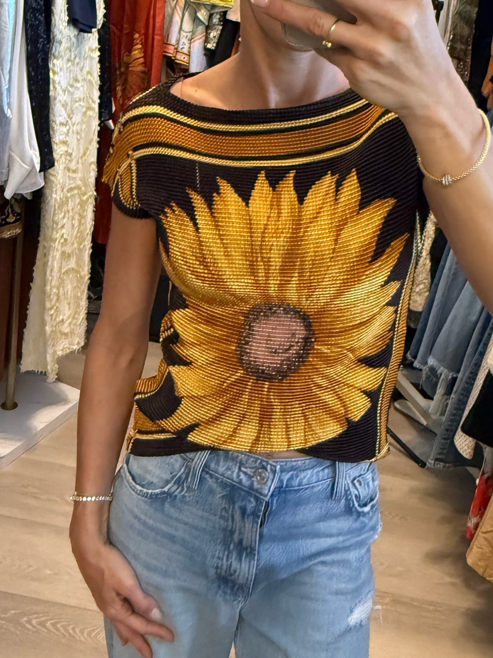 Vintage Sunflower Pleated Top | Y2k Stretch Floral Knit Blouse